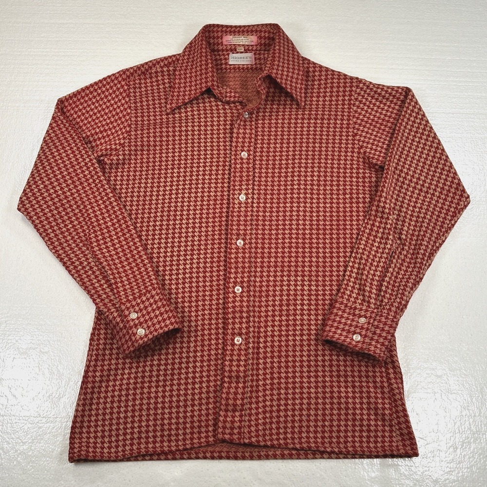 Vintage Disco Shirt Men's Medium Red Houndstooth 60s 70s Mod Polyester Higbees
